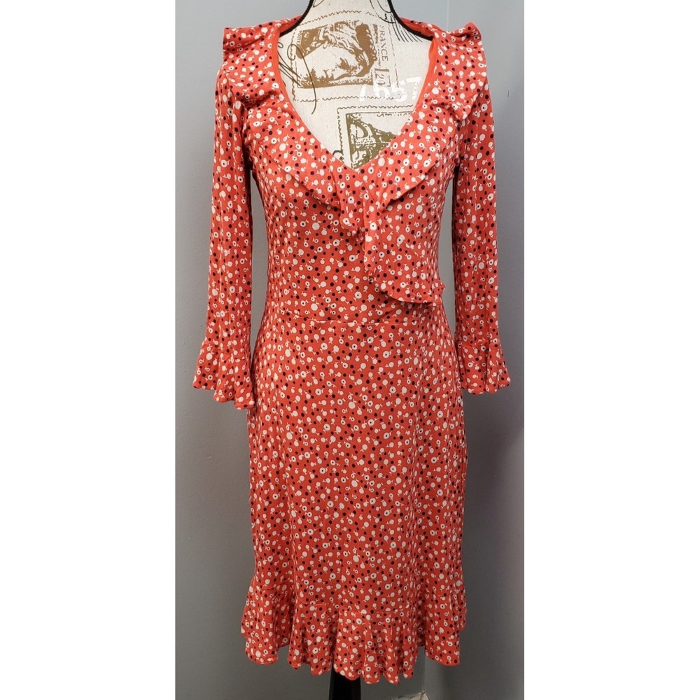 Boden Michaela Jersey Dress Womens 6R Multi Floral Ruffle Long Sleeve V-Neck